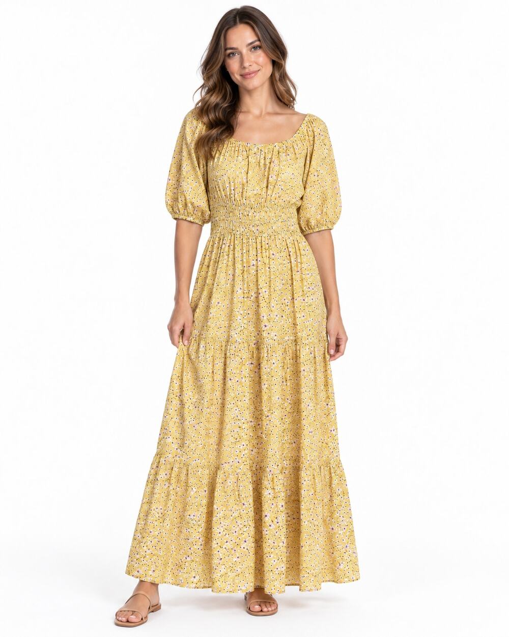 Violet Skies Women's S Yellow Floral Smocked Tiered Rayon Dress Puff Sleeve